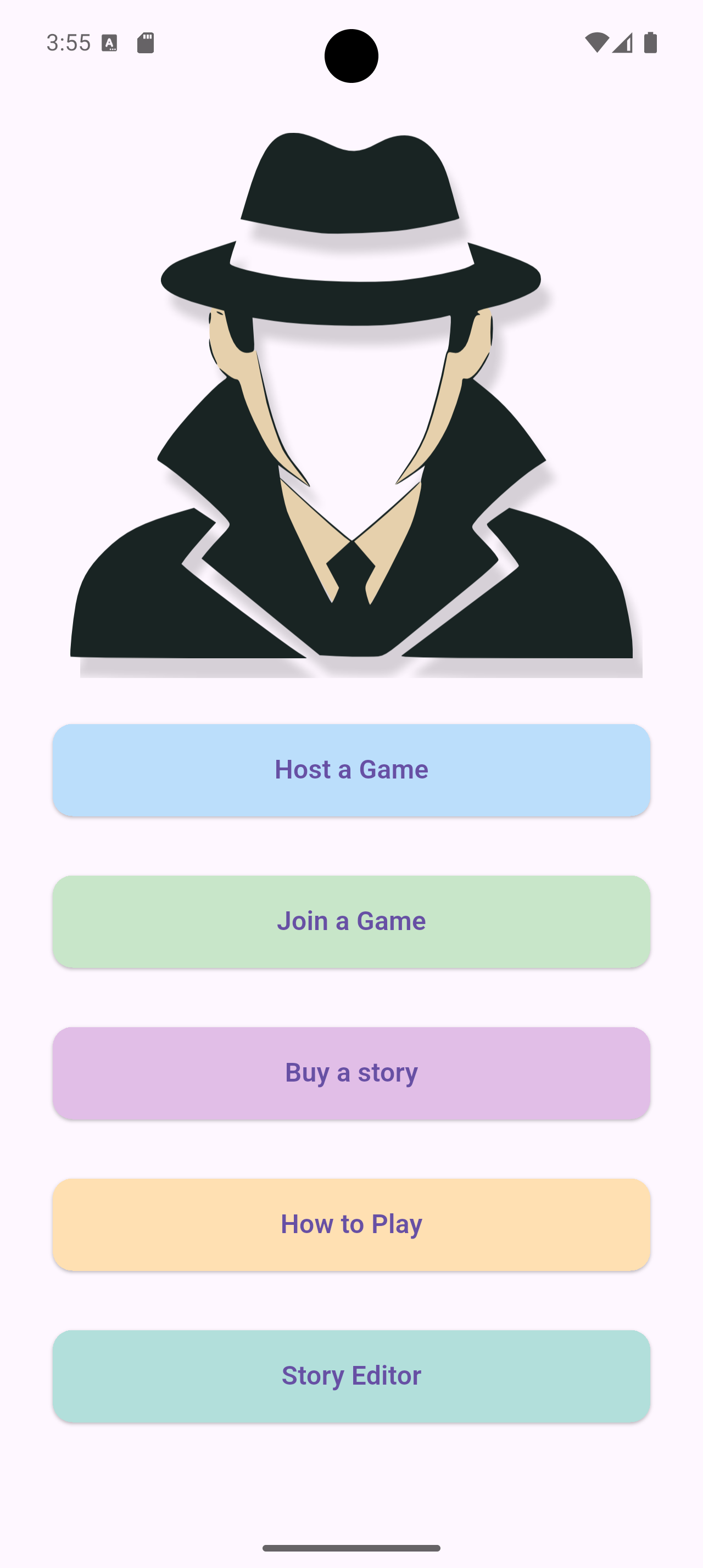 MysteryMingle main menu with Host a Game, Join a Game, Buy a story options