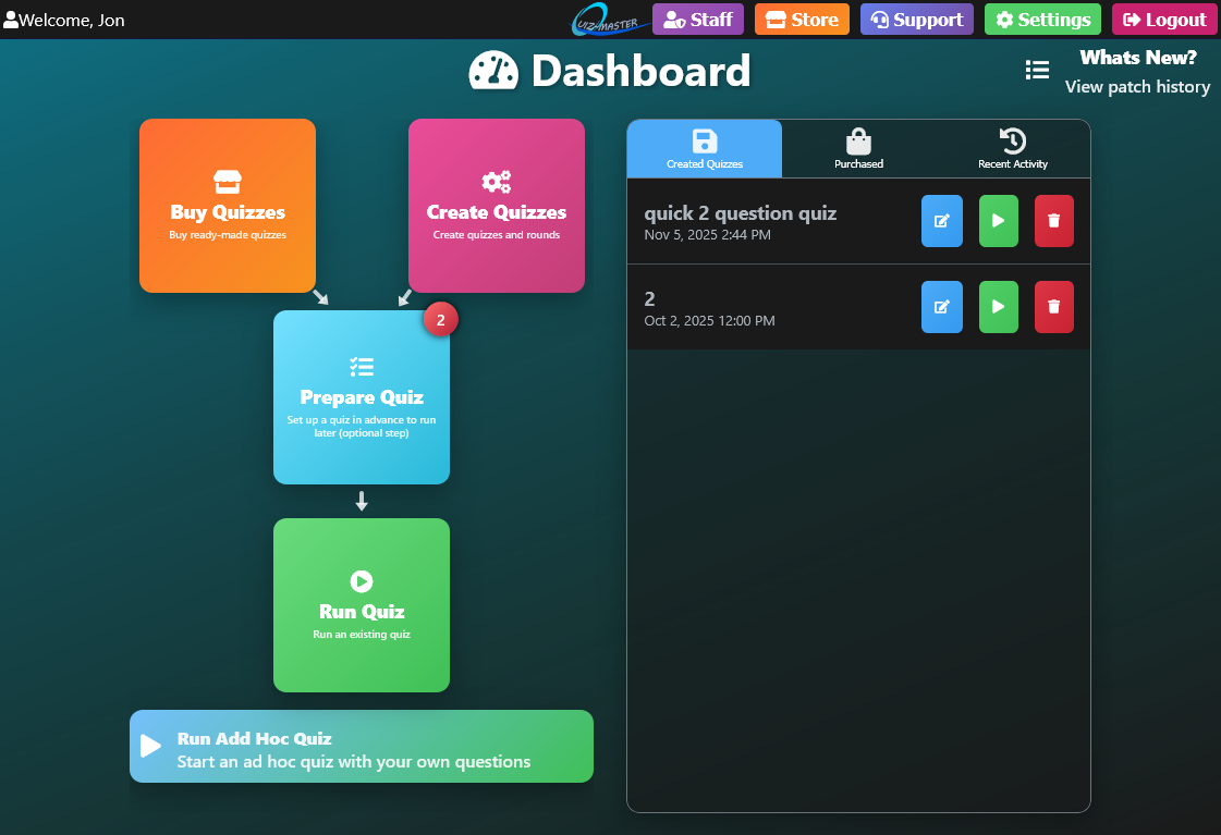 Quiz Master dashboard with buy, create, prepare and run options